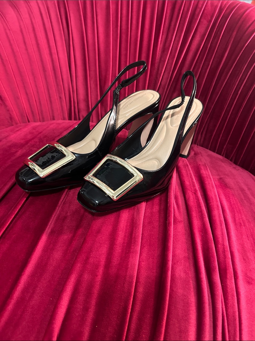 Antonio Melani Elisa Patent Slingback Pumps with Gold Buckle Accent